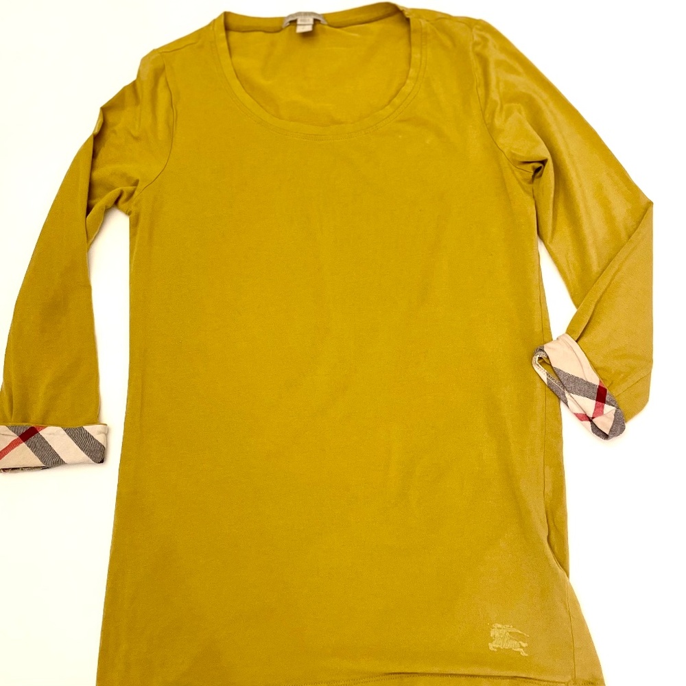 Yellow mustard Burberry 3/4 sleeve tee with plaid detail S